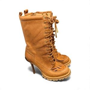 Tory‎ Burch Womens Boots Brown Trigg Mid Calf Lace Up Fringe Combat Lug Size 7.5